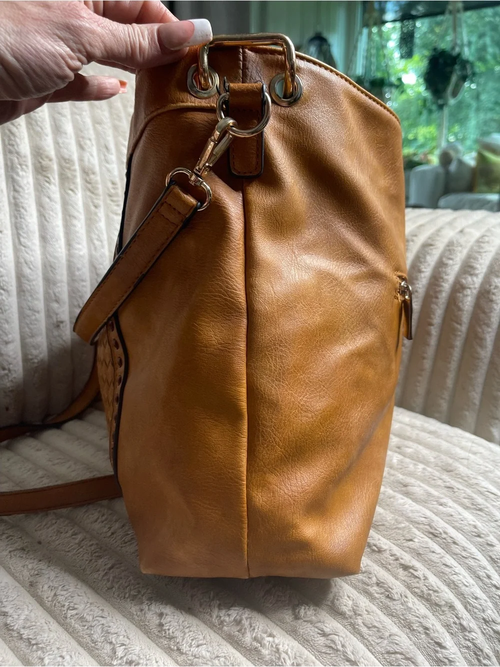 Vilenca Holland Woven Leather Convertible Backpack Shoulder Bag Cognac